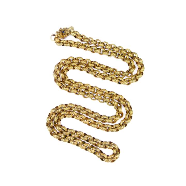 19th century gold muff chain on a gem set barrel clasp